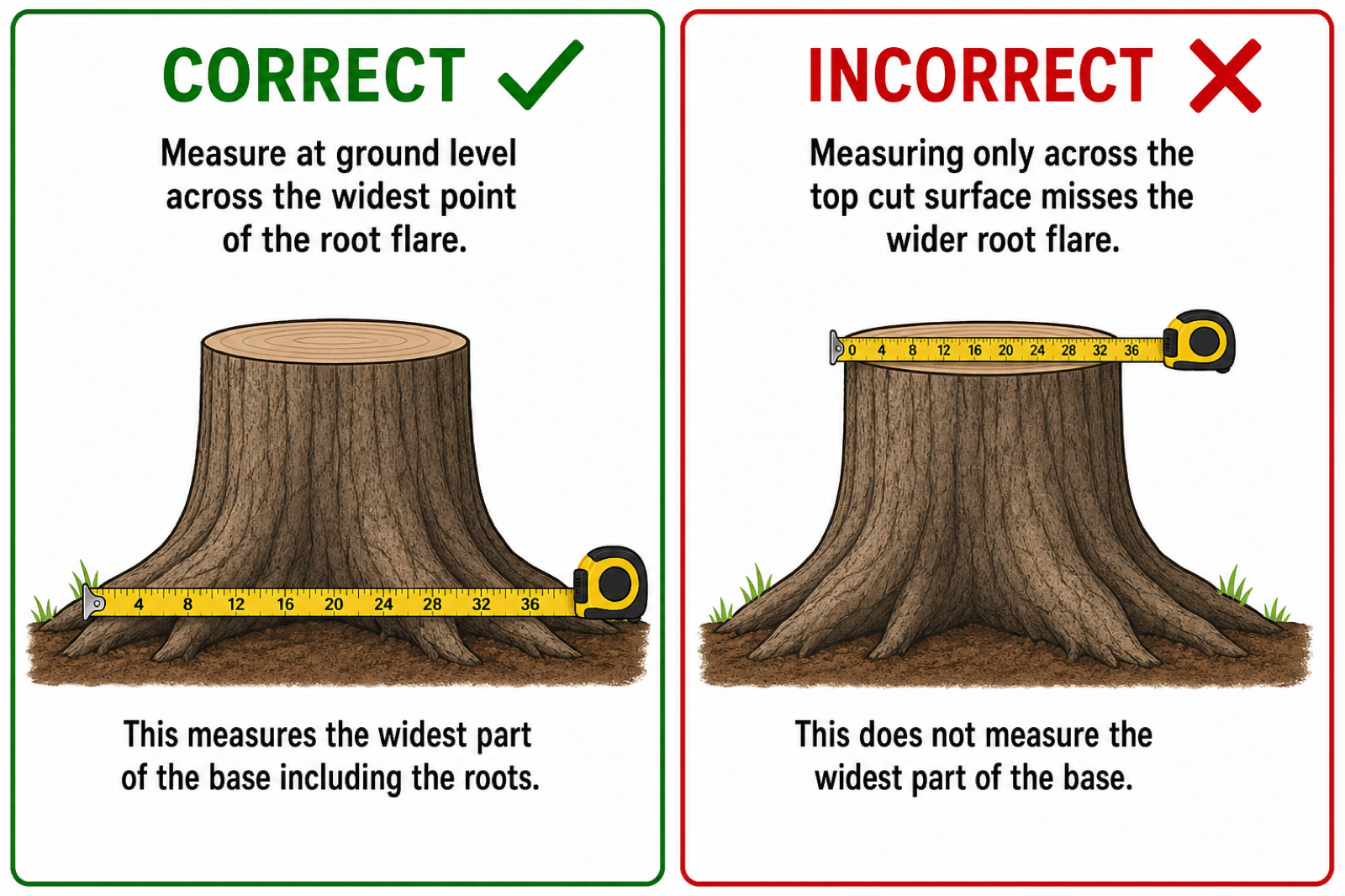 Correct: measure tape across the widest point of the root flare at ground level. Incorrect: measuring only across the top cut surface.
